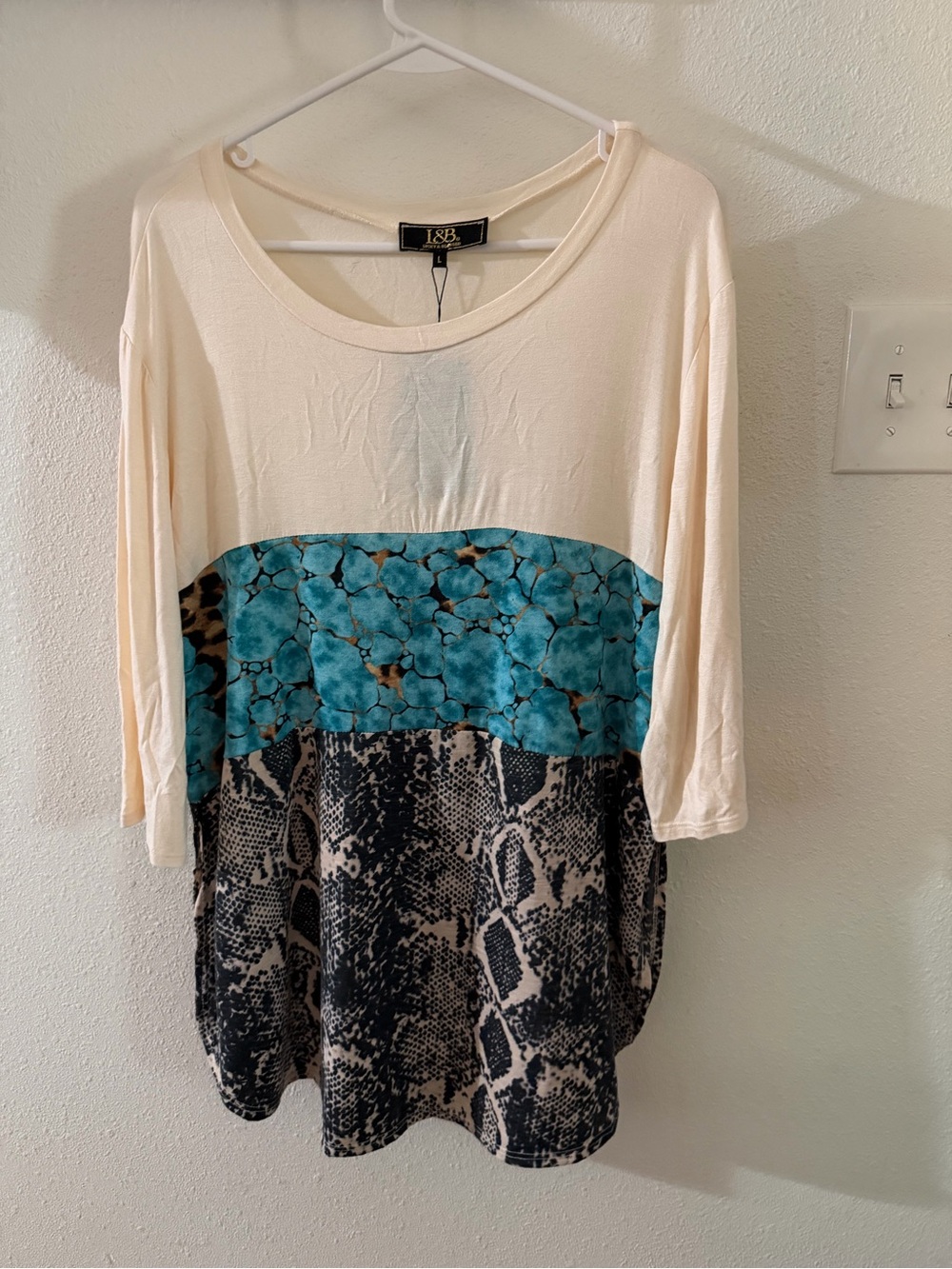 Lucky & Blessed Cream, Teal and Black Mixed-Print Tunic NWT